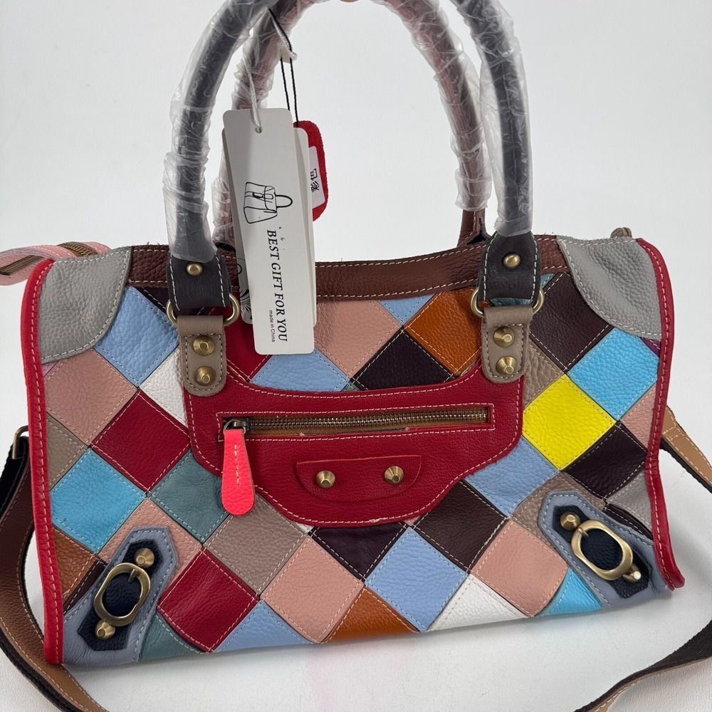 HESHE WOMENS Multicolor Leather Patchwork Zip Close Shoulder Bag Purse NEW